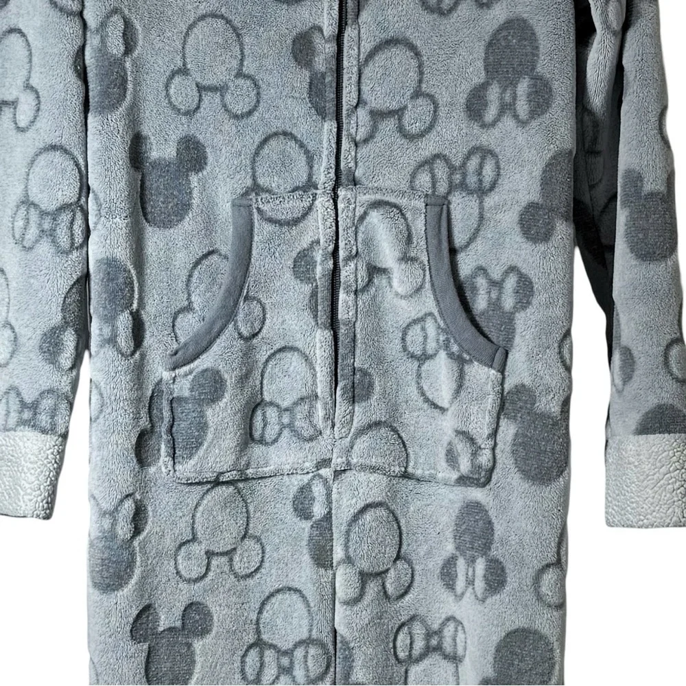 DISNEY Women's Grey Onesie Mickey Pattern Fleece Trimming Mickey Ears Hood M - Picture 6 of 8